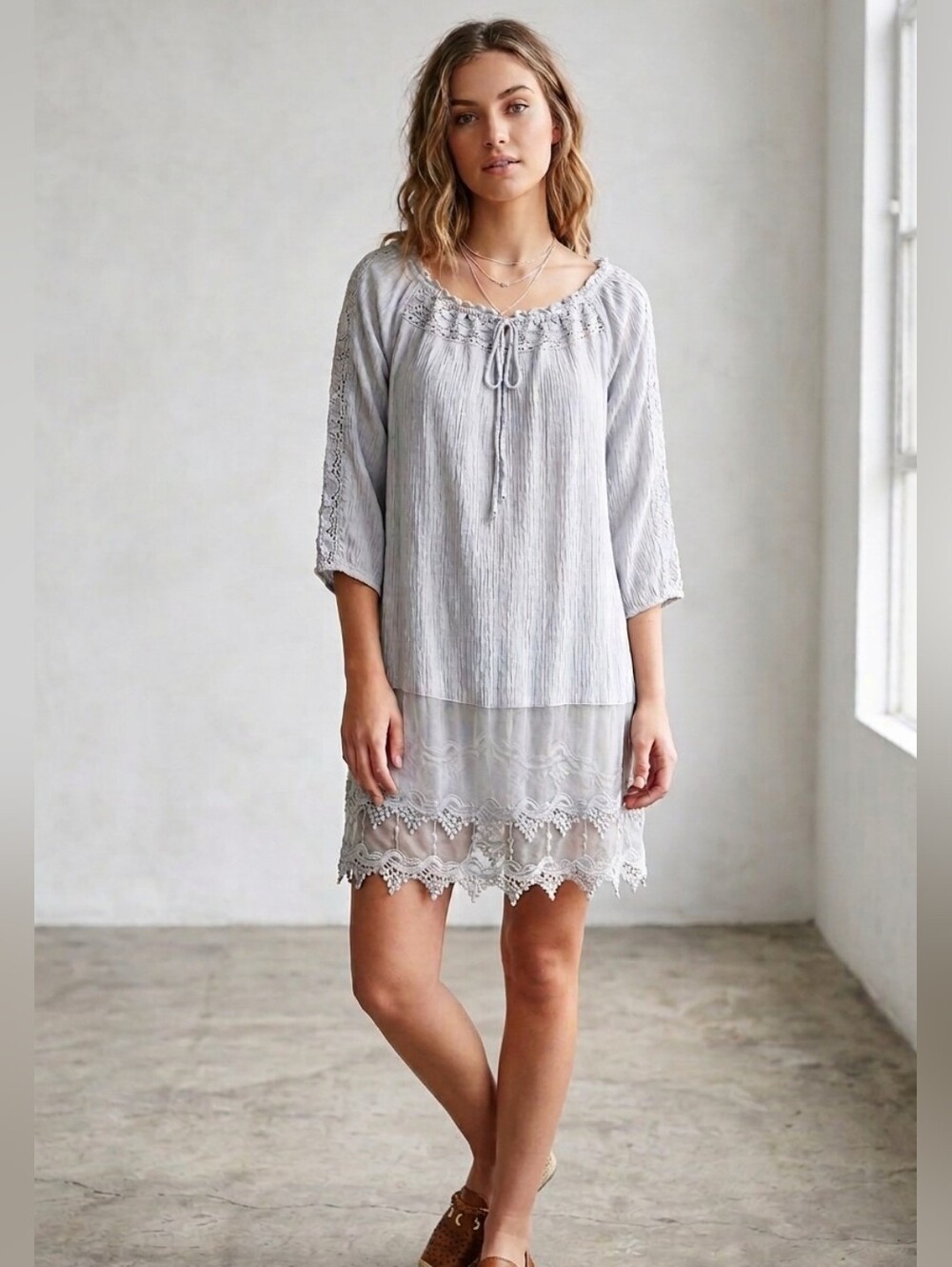 Young Threads NYC Boho Lace Mesh Mini Dress Grey M - Picture 2 of 8